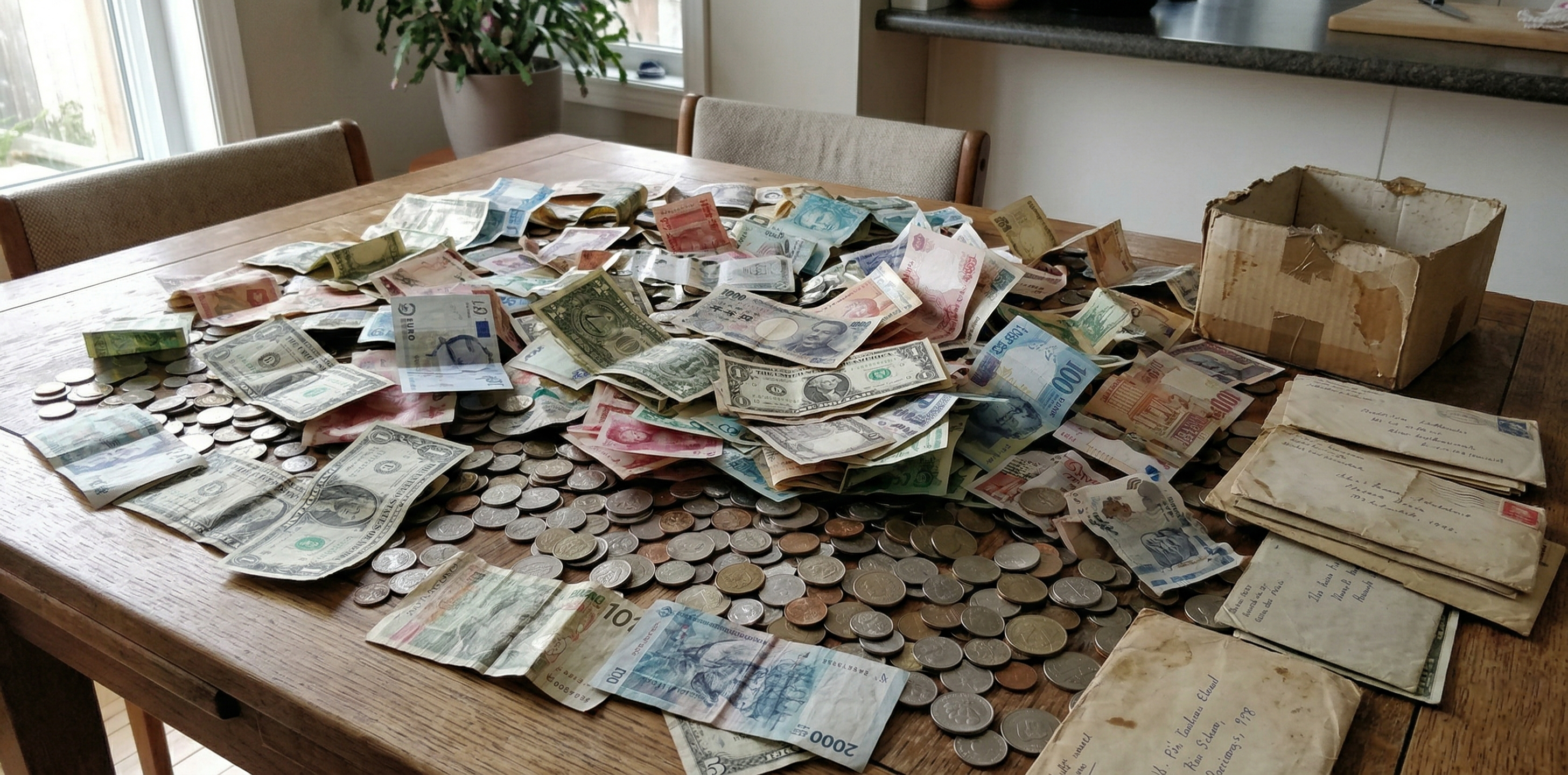 遺品整理で出てきた各国紙幣30枚以上を並べた買取事例の写真
